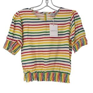 Compania Fantastica Top XS Rainbow Stripe Cropped Short Sleeve New Smocked Fun